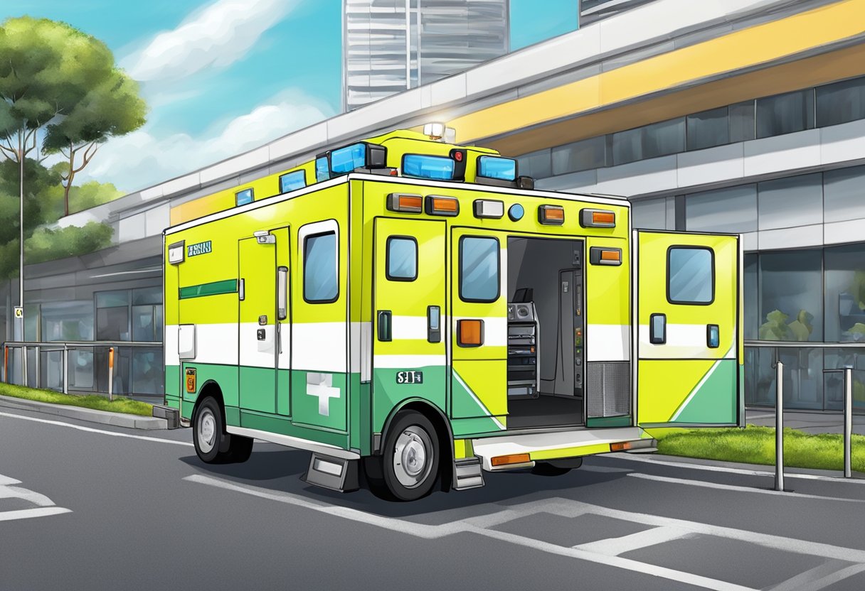 Uma ambulância estacionada do lado de fora de um local em Curitiba, com equipamentos de emergência e uma equipe médica pronta para prestar assistência em eventos.