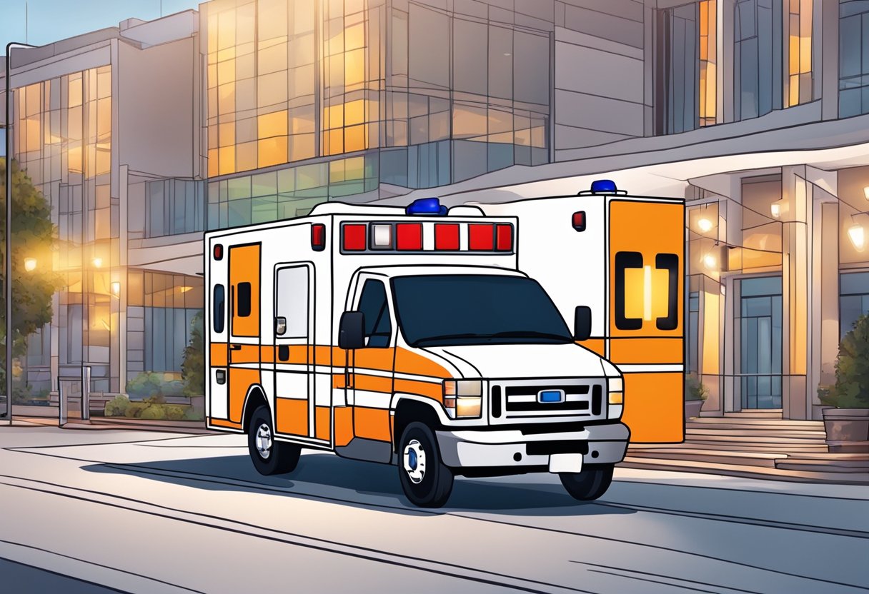 Uma ambulância estacionada em um local de evento, com suas luzes de emergência piscando e equipamentos médicos visíveis através das janelas.