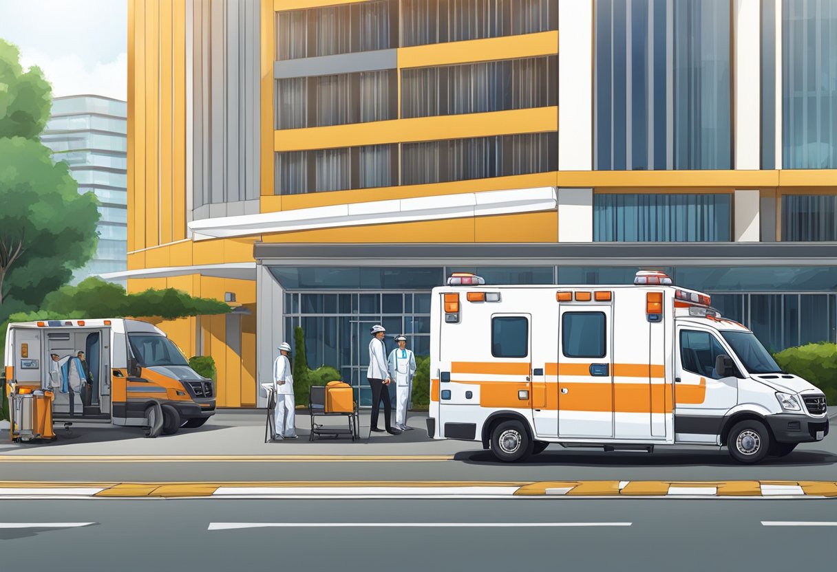 Uma ambulância estacionada do lado de fora de um local, com equipe médica e equipamentos prontos para diferentes tipos de eventos em Curitiba