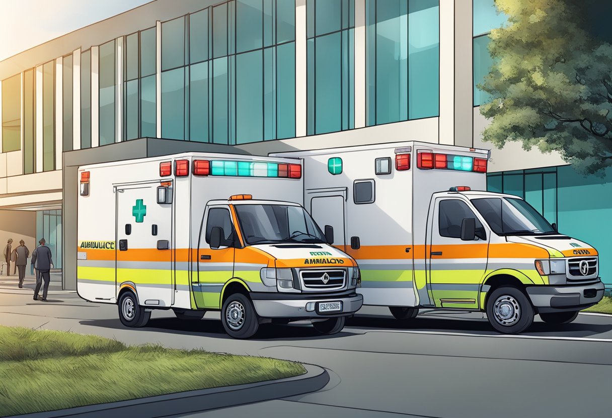 Uma ambulância estacionada do lado de fora de um local em Curitiba, com paramédicos assistindo e transportando pacientes.