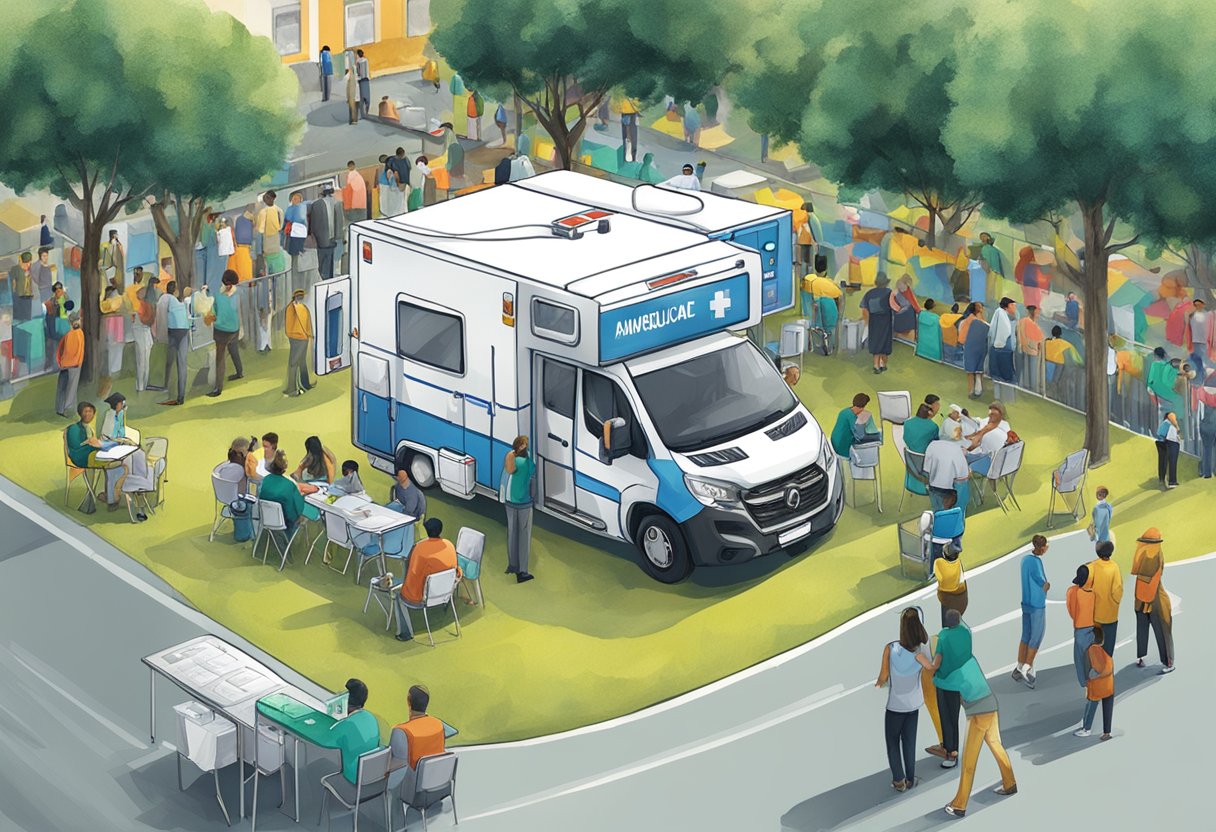 Um evento ao ar livre com uma clínica médica temporária montada, incluindo uma ambulância, em Curitiba