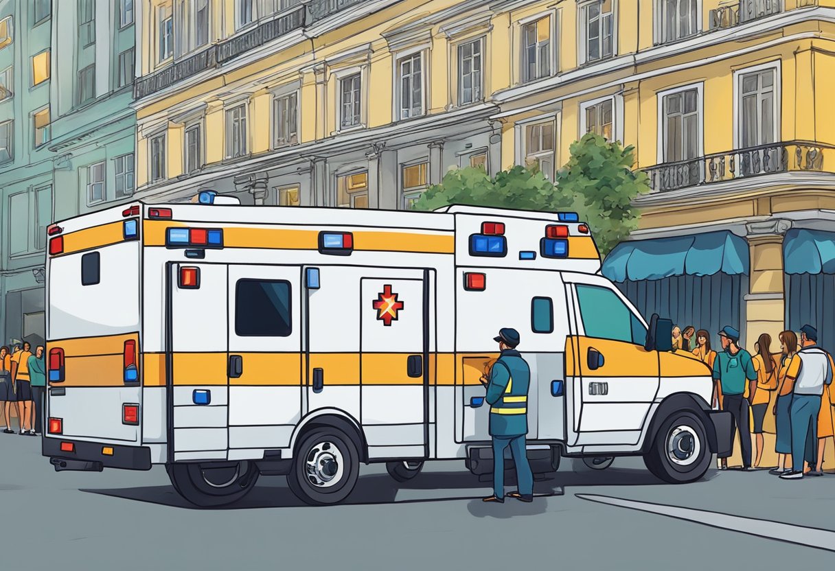 Uma ambulância estacionada do lado de fora de um local com luzes piscando, cercada por funcionários do evento e participantes em Curitiba.