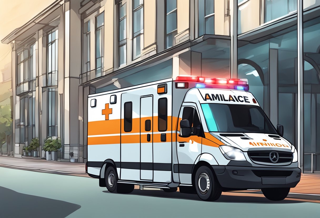 Uma ambulância estacionada do lado de fora de um local em Curitiba, com luzes piscando e equipamentos médicos visíveis através das janelas traseiras.