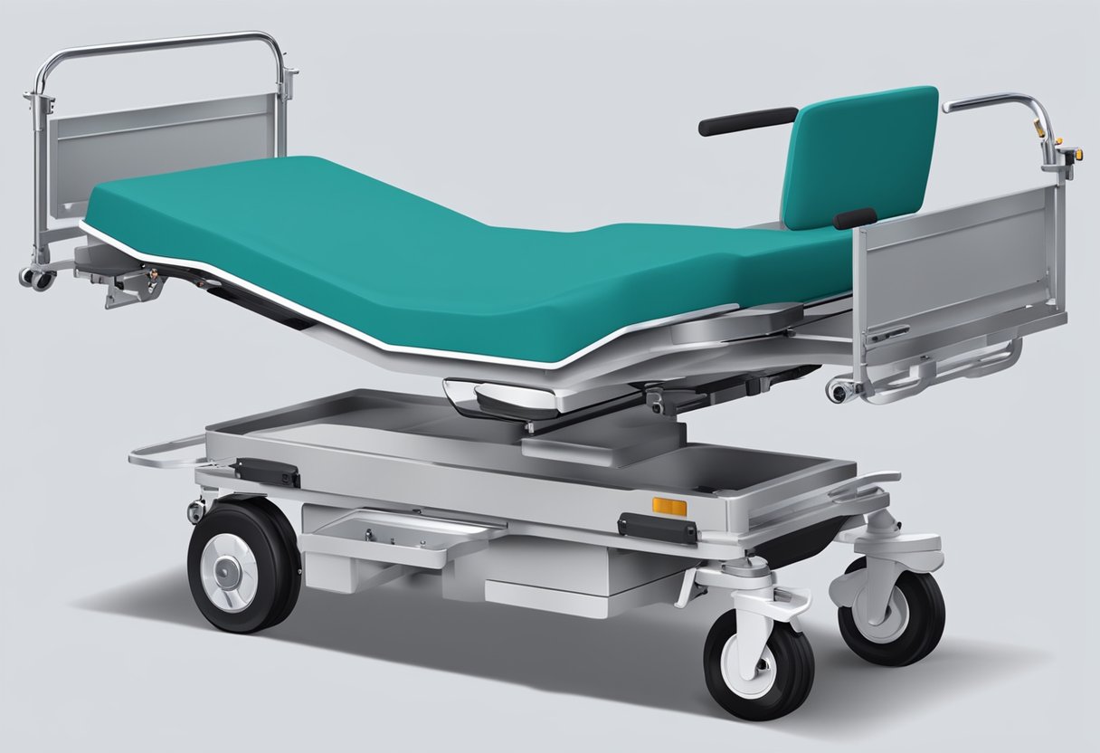 Um veículo especializado com um elevador hidráulico e uma cama ajustável interna, projetado para o transporte de pacientes acamados.