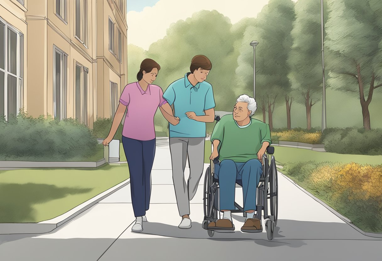 Um cuidador empurra suavemente uma cadeira de rodas com um encosto reclinado, enquanto outra pessoa carrega uma maca dobrada nas proximidades.