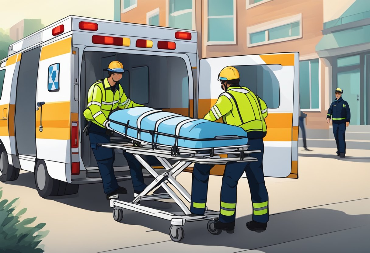Uma maca sendo carregada em uma ambulância por dois paramédicos