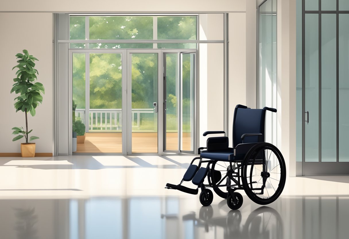 Uma cadeira de rodas robusta e um elevador hidráulico em uma sala ampla e iluminada, com portas largas e piso antiderrapante.