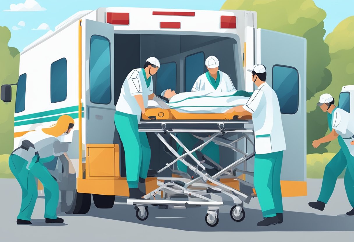 Uma equipe de profissionais transfere cuidadosamente um paciente acamado para um veículo de transporte médico especializado.