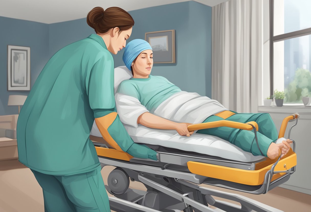 Uma pessoa cuidadosamente segurando um indivíduo acamado em uma maca especializada para transporte seguro.