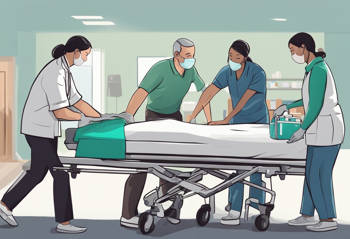 Um cuidador transfere cuidadosamente um paciente acamado para uma maca, enquanto outra pessoa fica ao lado com um kit de primeiros socorros e suprimentos médicos.