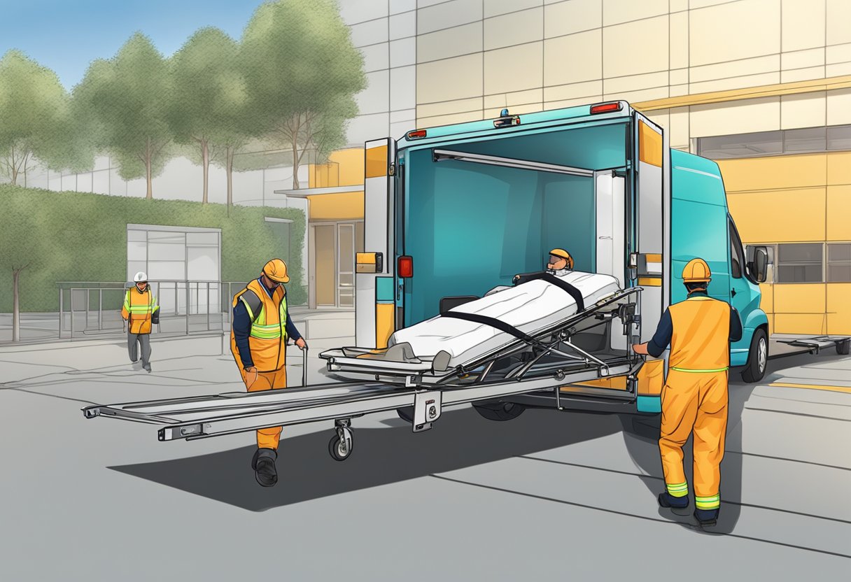 Uma maca sendo carregada em um veículo especializado para transporte a uma unidade de tratamento médico