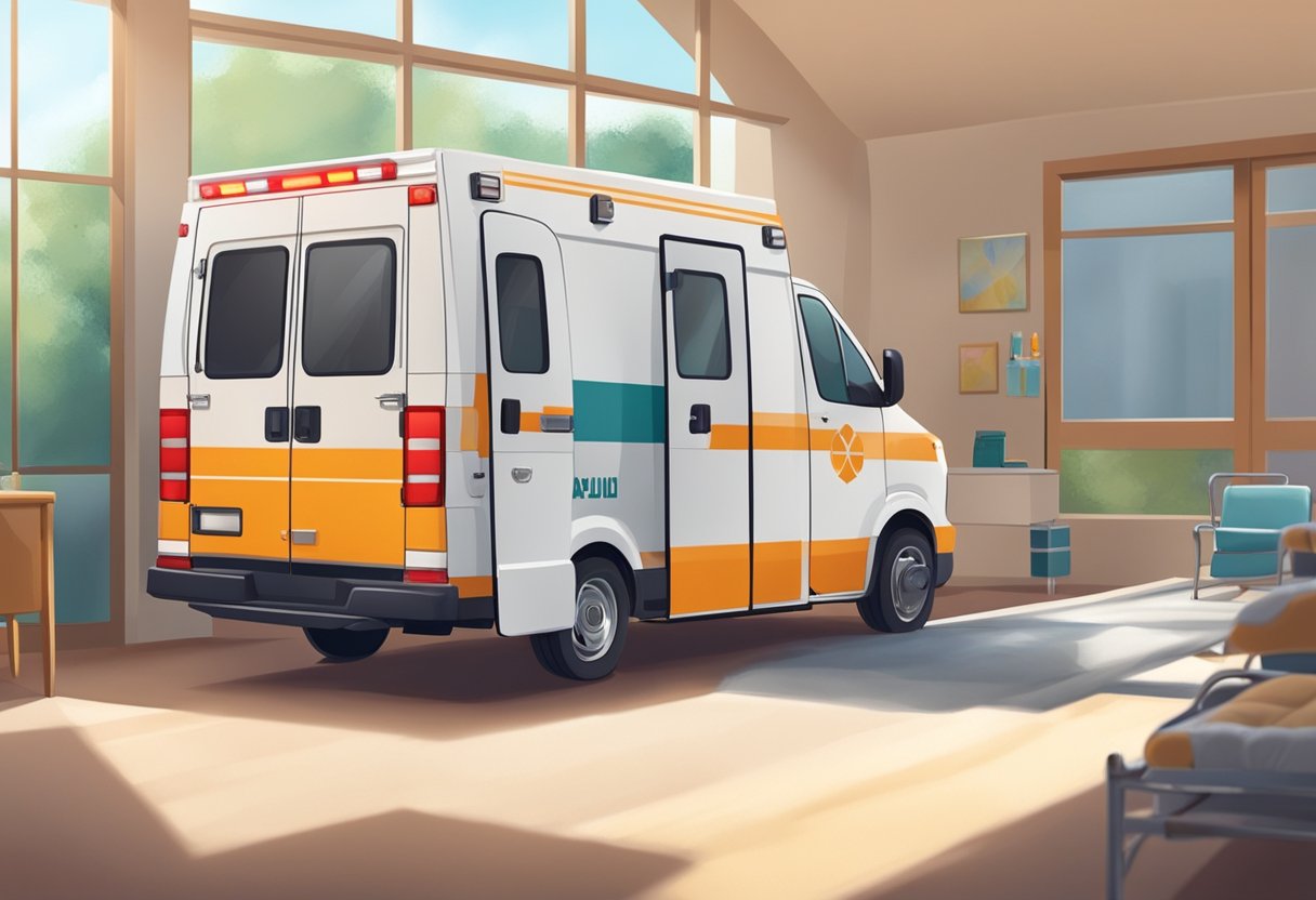 Uma sala pacífica e iluminada pelo sol, com uma ambulância confortável e bem equipada estacionada do lado de fora, pronta para transportar um paciente acamado com cuidado e dignidade.