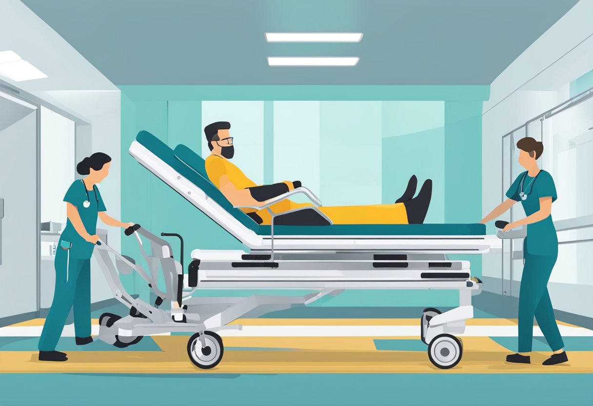 Um veículo especializado com uma plataforma hidráulica transfere suavemente um paciente em uma cama hospitalar para uma rampa para transporte.