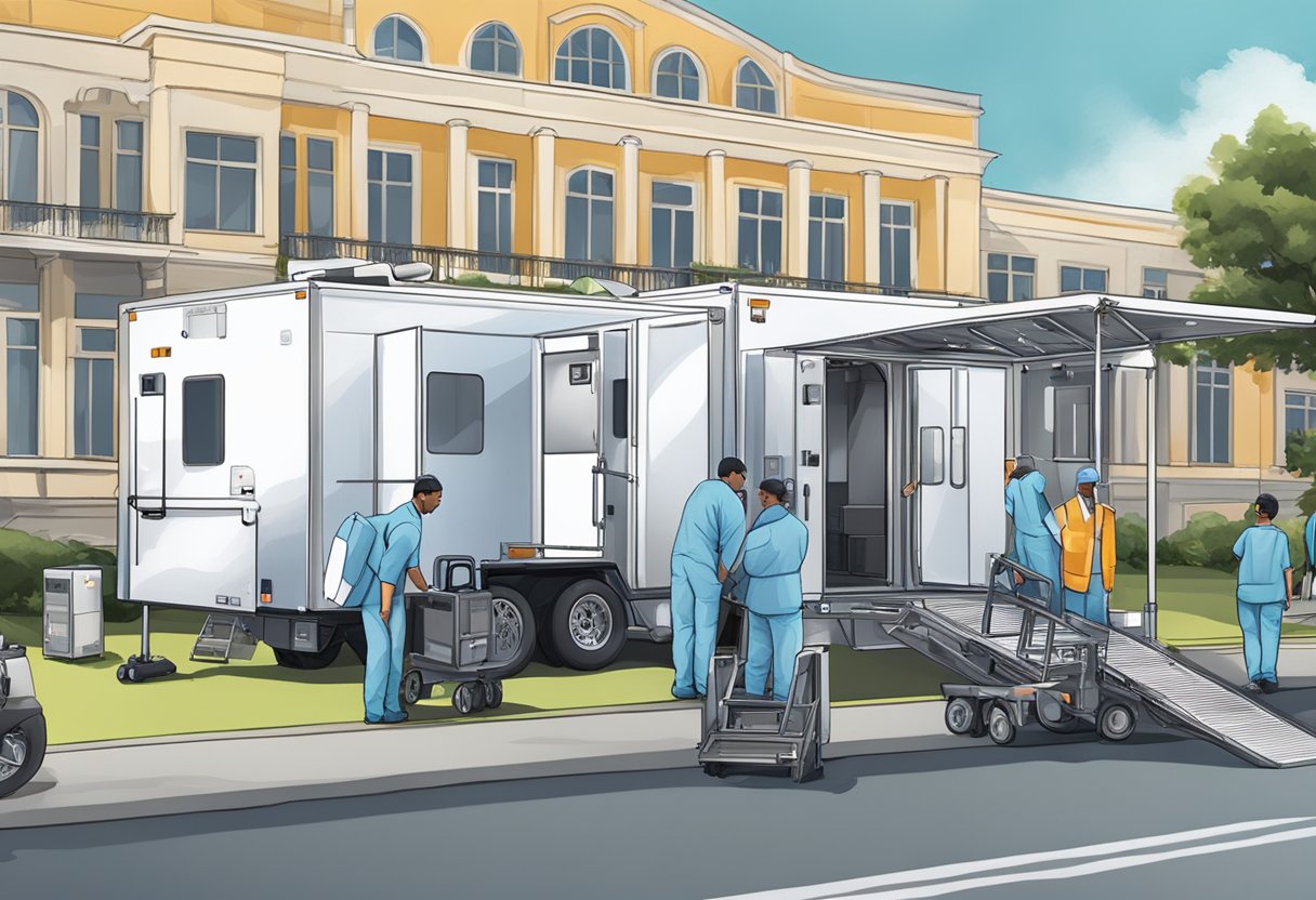 UTI móvel para eventos: segurança e suporte médico em grandes ocasiões 1 Uma unidade de UTI móvel estacionada do lado de fora de um grande local de eventos, com equipamentos e suprimentos médicos sendo descarregados pela equipe.
