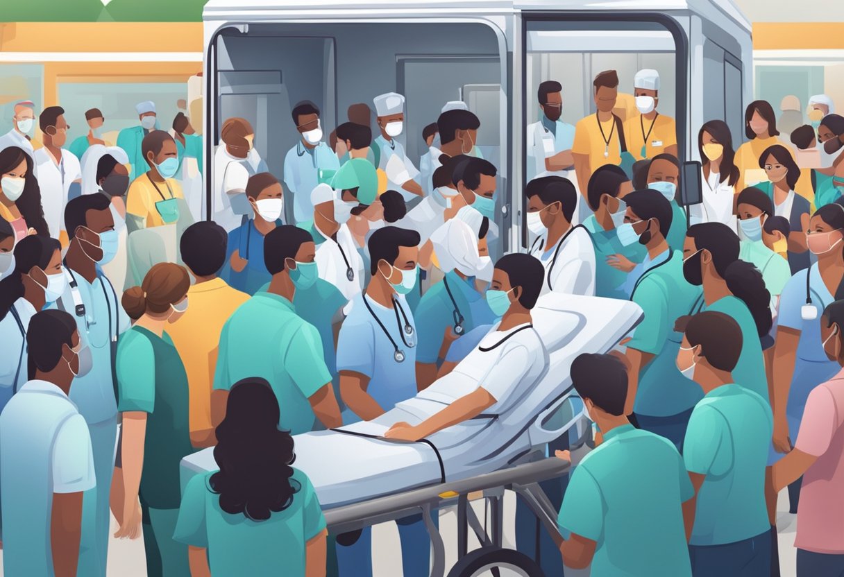 UTI móvel para eventos: segurança e suporte médico em grandes ocasiões 2 Uma UTI móvel estacionada em um evento lotado, com equipe médica atendendo a um paciente dentro.