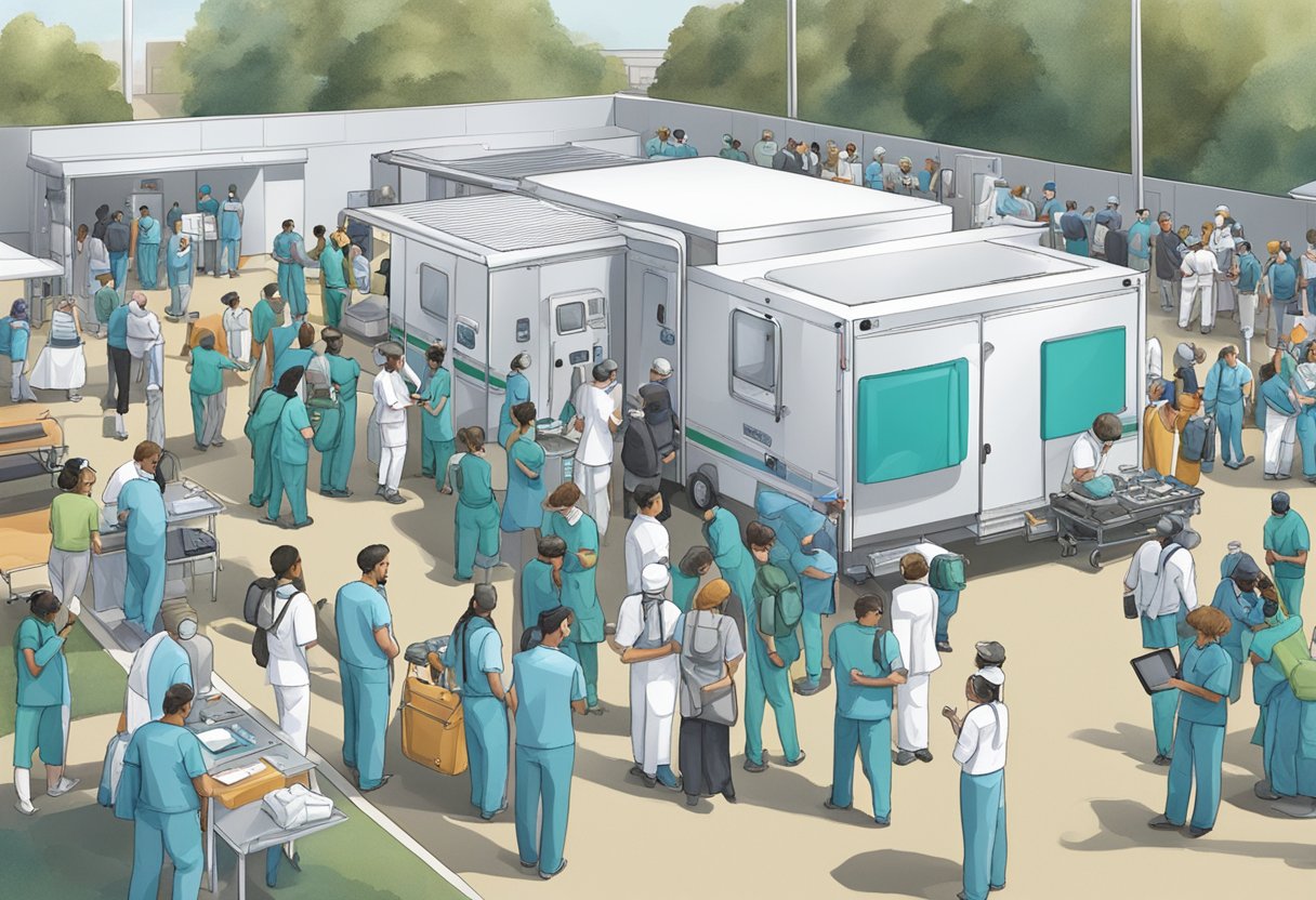 UTI móvel para eventos: segurança e suporte médico em grandes ocasiões 3 Um evento ao ar livre movimentado com uma unidade de UTI móvel estacionada nas proximidades, cercada por pessoal médico e equipamentos.