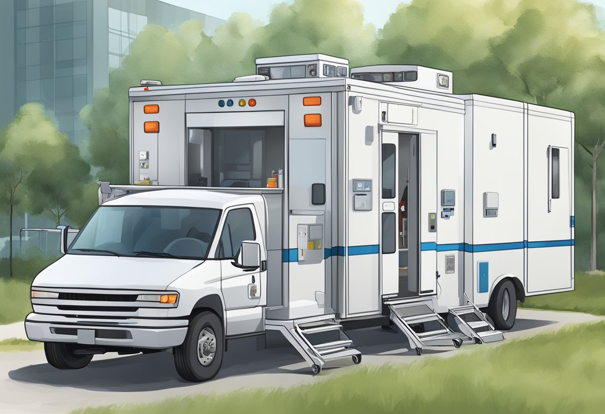 UTI móvel para eventos: segurança e suporte médico em grandes ocasiões 5 Uma unidade de UTI móvel estacionada em um evento ao ar livre, com equipe médica e equipamentos prontos para atendimento de emergência