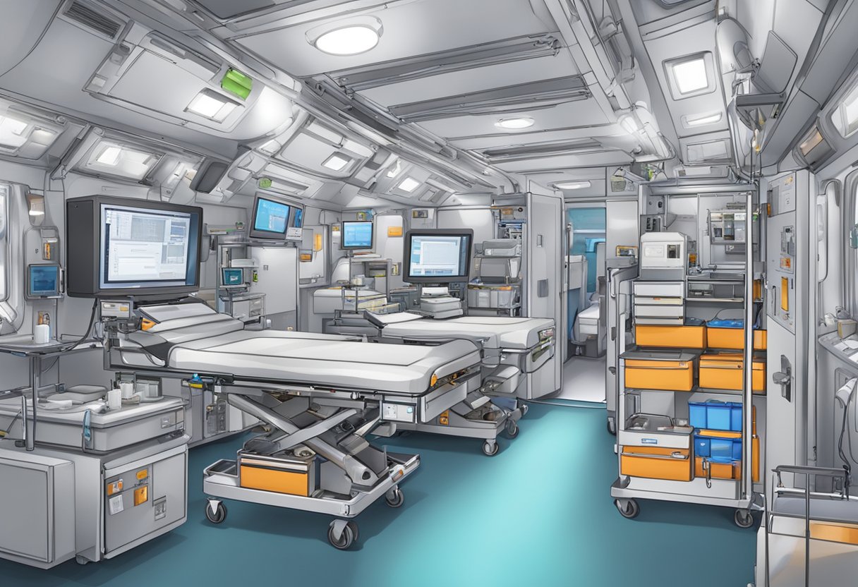 UTI móvel para eventos: segurança e suporte médico em grandes ocasiões 6 Uma UTI móvel totalmente equipada em um evento, com monitores médicos, ventiladores e suprimentos de emergência organizados de forma ordenada em um espaço compacto.