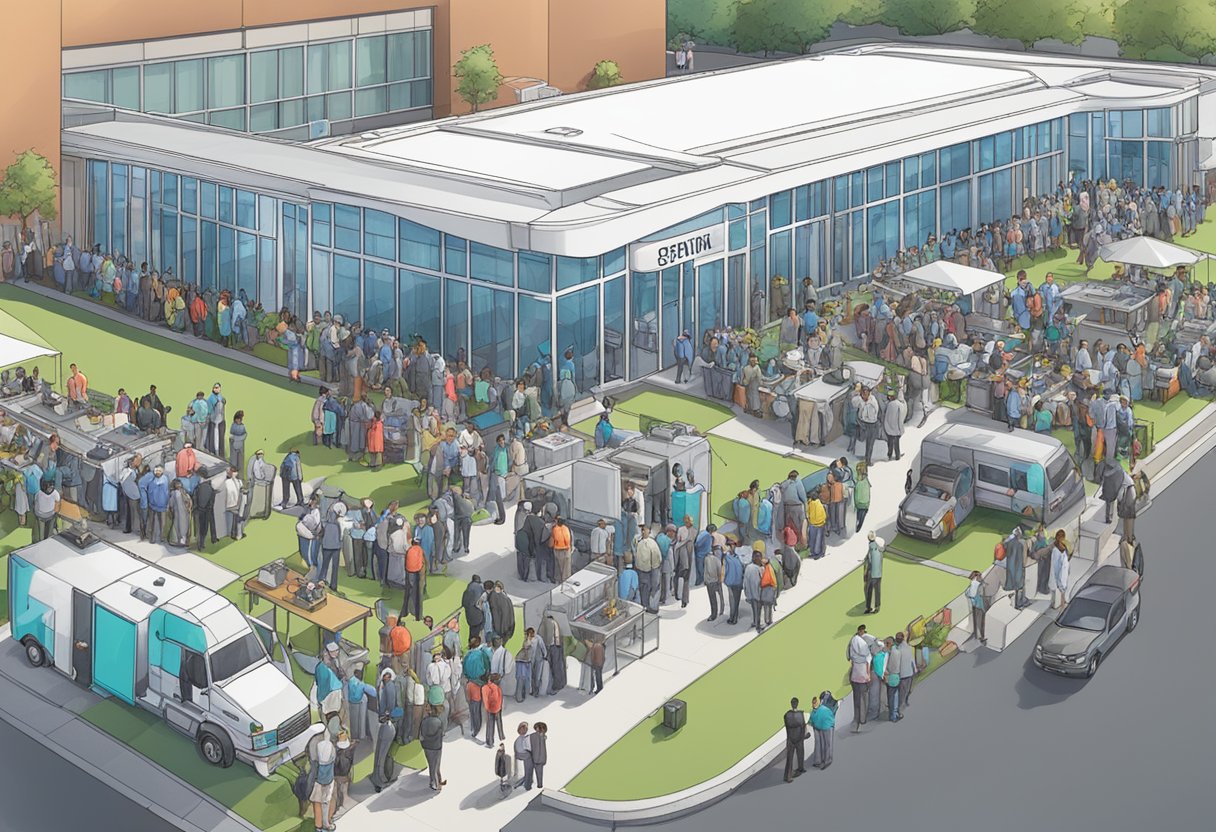 UTI móvel para eventos: segurança e suporte médico em grandes ocasiões 7 Um local de eventos movimentado com uma UTI móvel estacionada do lado de fora, cercada por funcionários do evento e participantes.