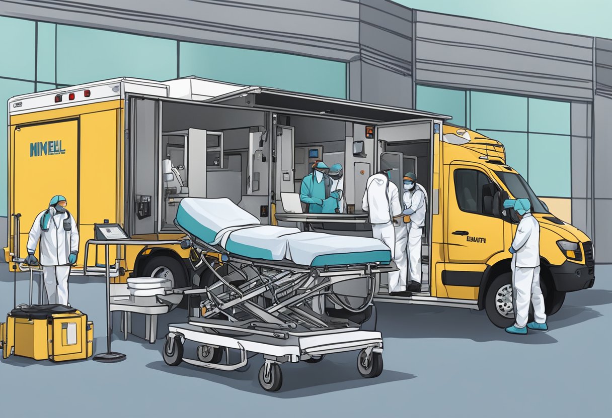 UTI móvel para eventos: segurança e suporte médico em grandes ocasiões 8 Uma unidade de UTI móvel estacionada do lado de fora de um grande local de eventos, com equipe médica descarregando equipamentos e se preparando para possíveis emergências.