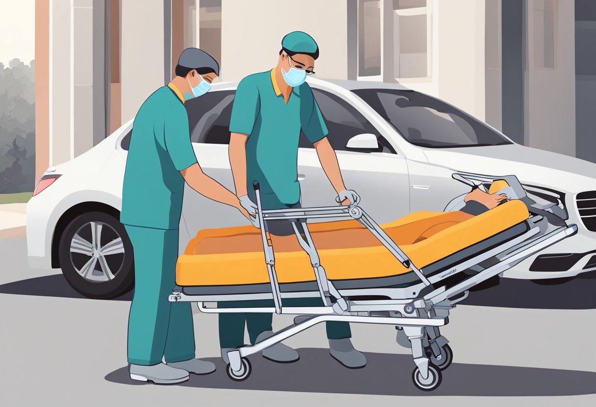 Um cuidador levanta delicadamente um paciente reclinado em uma maca especializada. Eles prendem cuidadosamente o paciente com cintas e rolam a maca em direção a um veículo à espera.