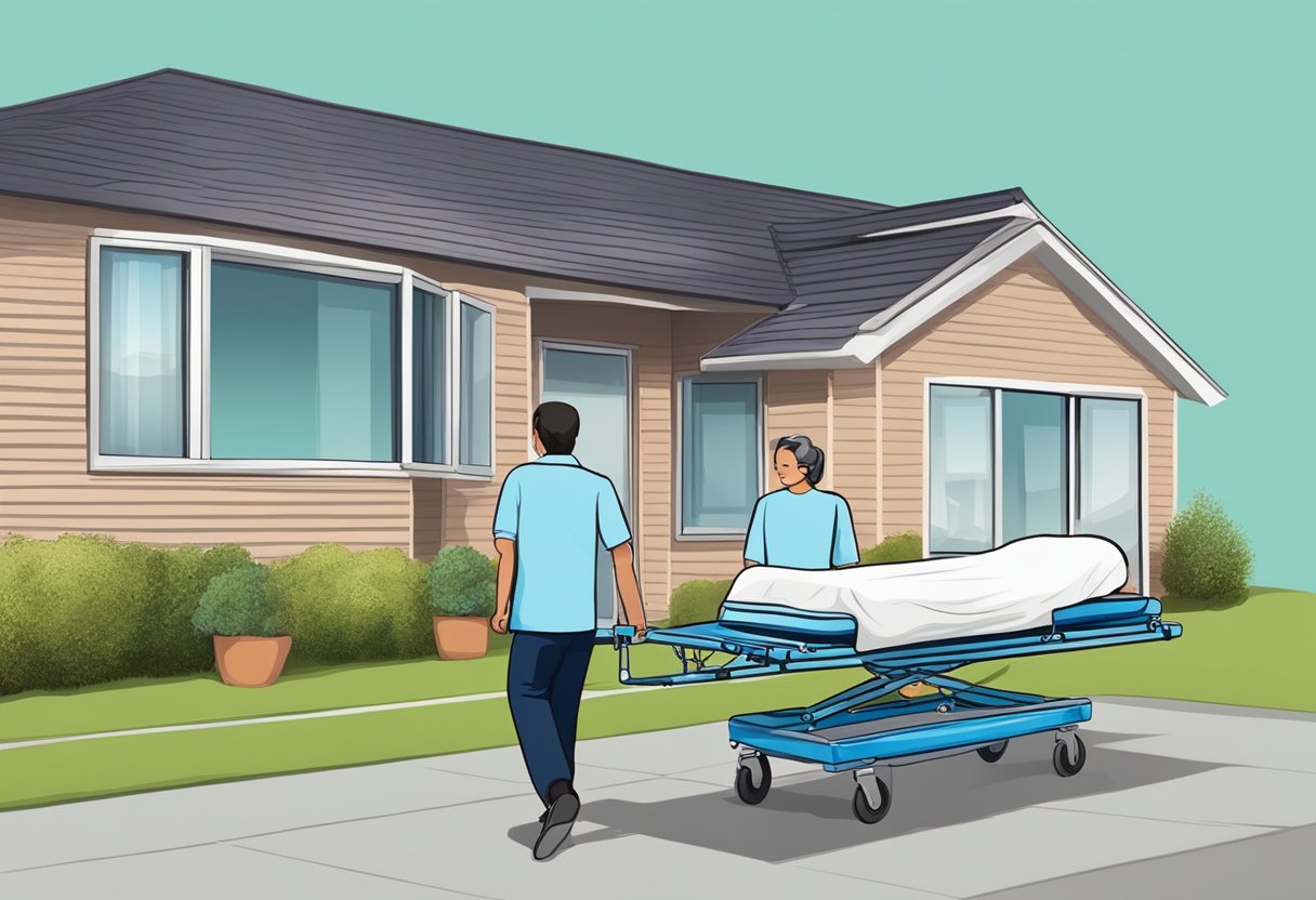 Um cuidador usando uma maca especializada para transportar um paciente acamado de uma casa para uma instalação médica