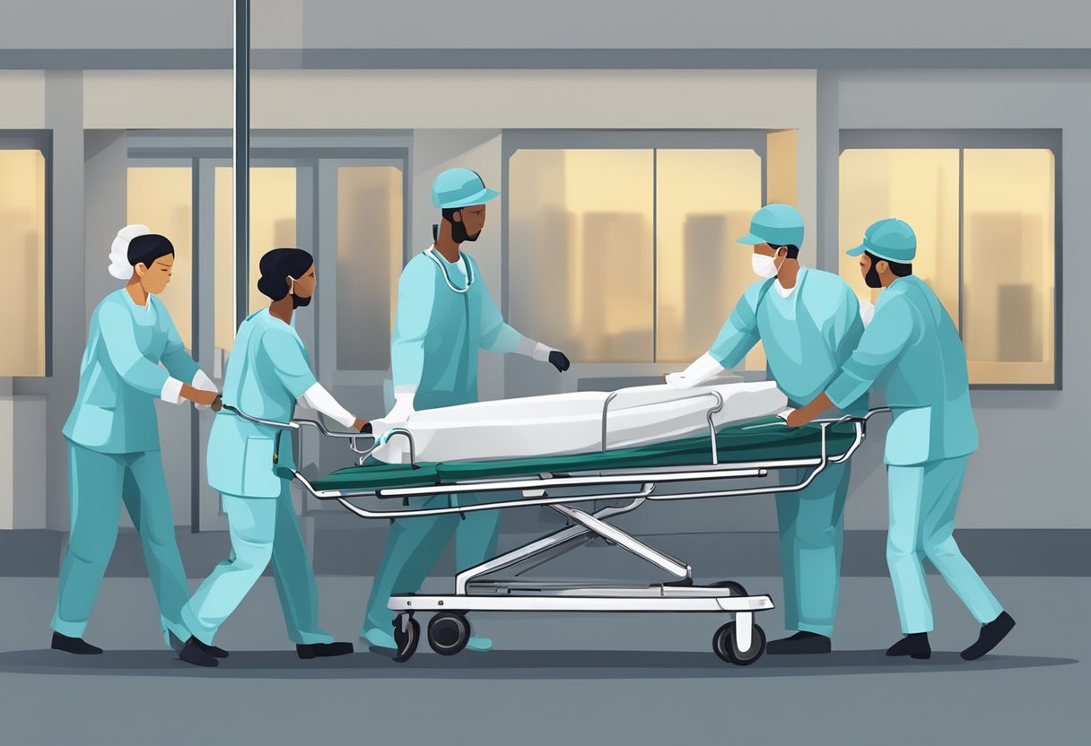 Uma equipe de profissionais de saúde transfere cuidadosamente um paciente acamado para uma maca especializada para transporte.