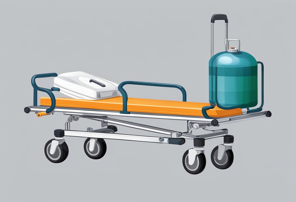 Uma maca robusta com cintos de segurança e rodas, ao lado de um tanque de oxigênio portátil e suprimentos médicos.