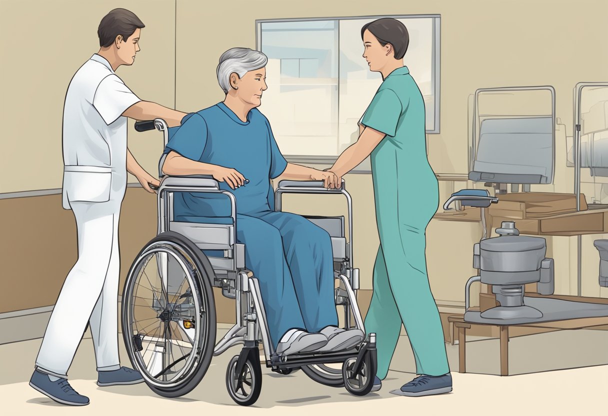 Um cuidador manobra cuidadosamente uma cadeira de rodas com um paciente reclinado por uma rampa, enquanto outra pessoa assegura a posição do paciente e monitora seu conforto.