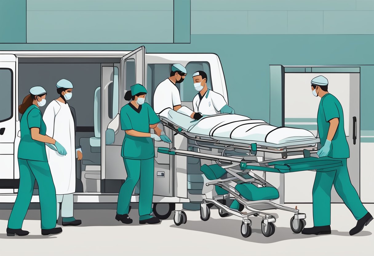Uma equipe médica transfere cuidadosamente um paciente de uma cama de hospital para uma maca para transporte.