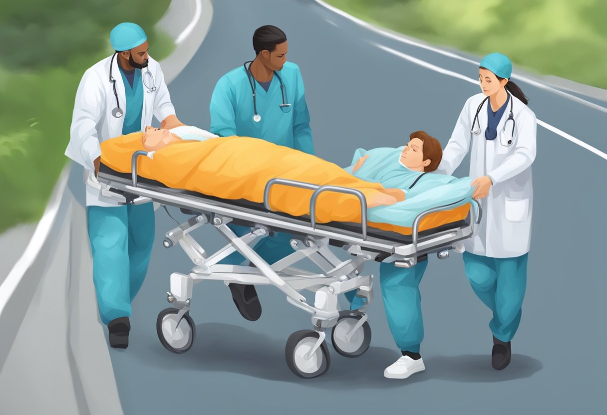 Uma equipe médica transporta cuidadosamente um paciente em uma maca, garantindo seu conforto e segurança durante toda a jornada.