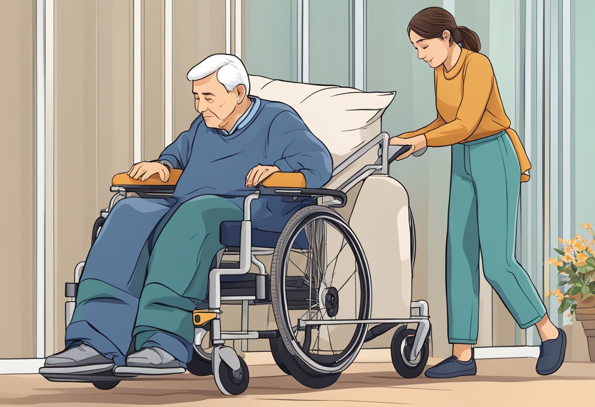 Um cuidador ajuda suavemente um paciente acamado a entrar em uma cadeira de rodas especializada, equipada com dispositivos de segurança e acolchoamento confortável.