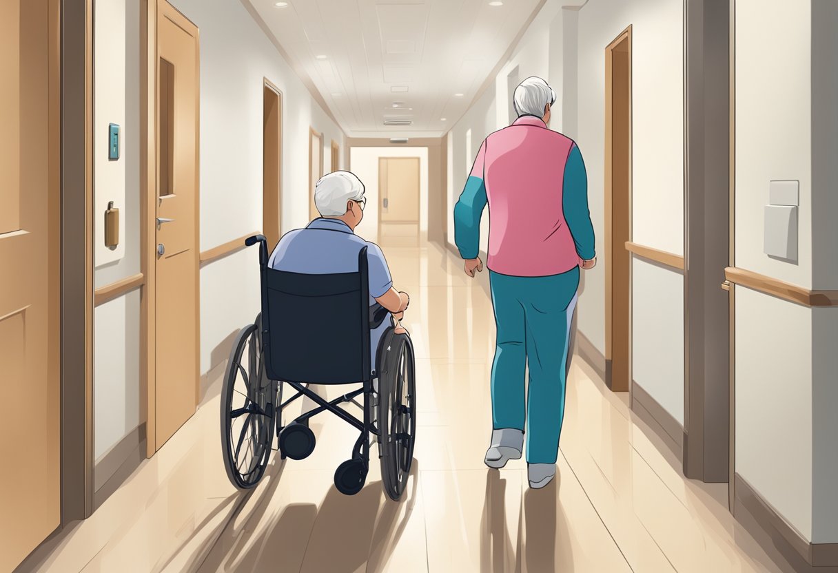 Um cuidador empurra suavemente uma cadeira de rodas com um paciente reclinado, navegando por um corredor com cuidado e atenção.