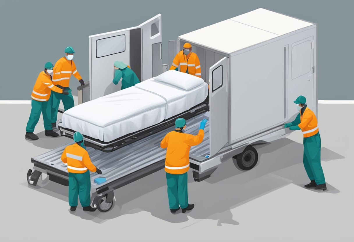 Uma cama de hospital sendo carregada em um veículo de remoção especializado por trabalhadores em equipamentos de proteção.