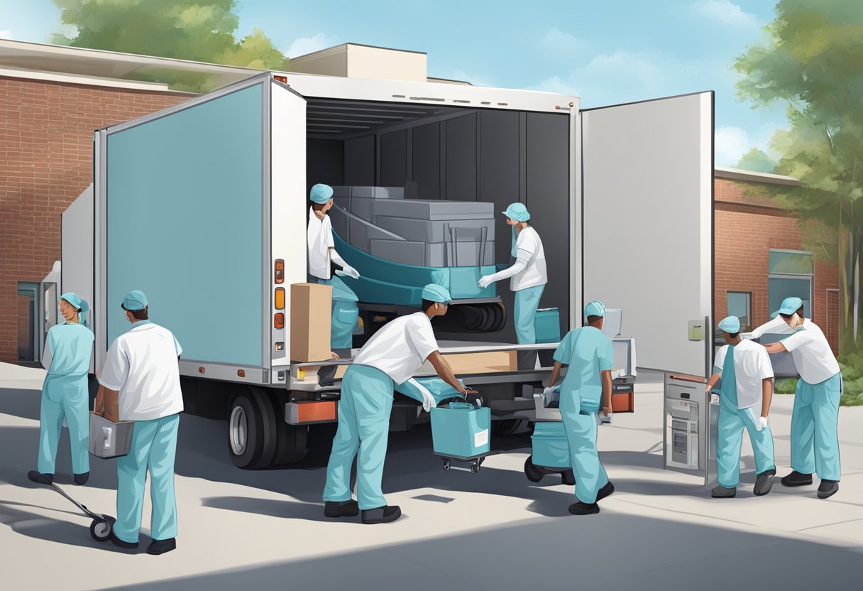 A equipe de uma empresa de remoção de hospitais carrega equipamentos médicos em um caminhão especializado no cais de carga do hospital.