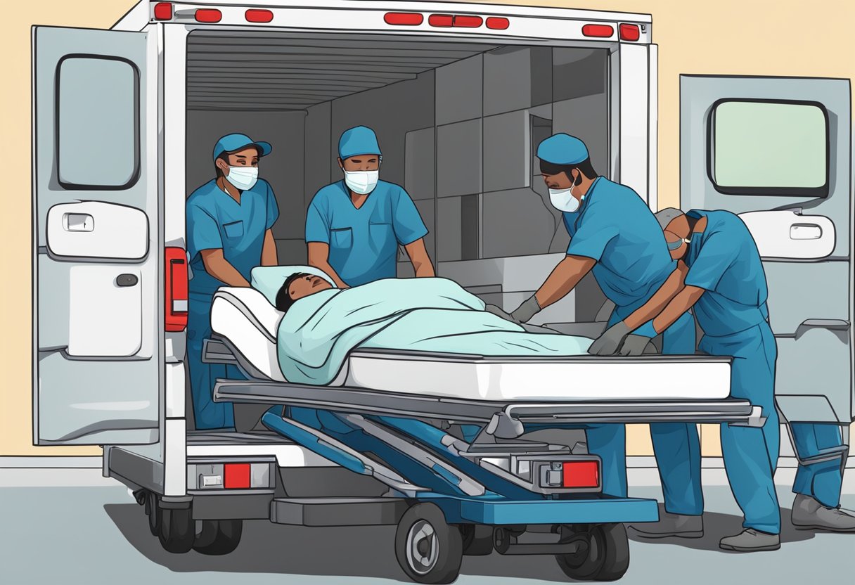 Uma cama de hospital sendo carregada em um veículo de remoção especializado por dois trabalhadores uniformizados.