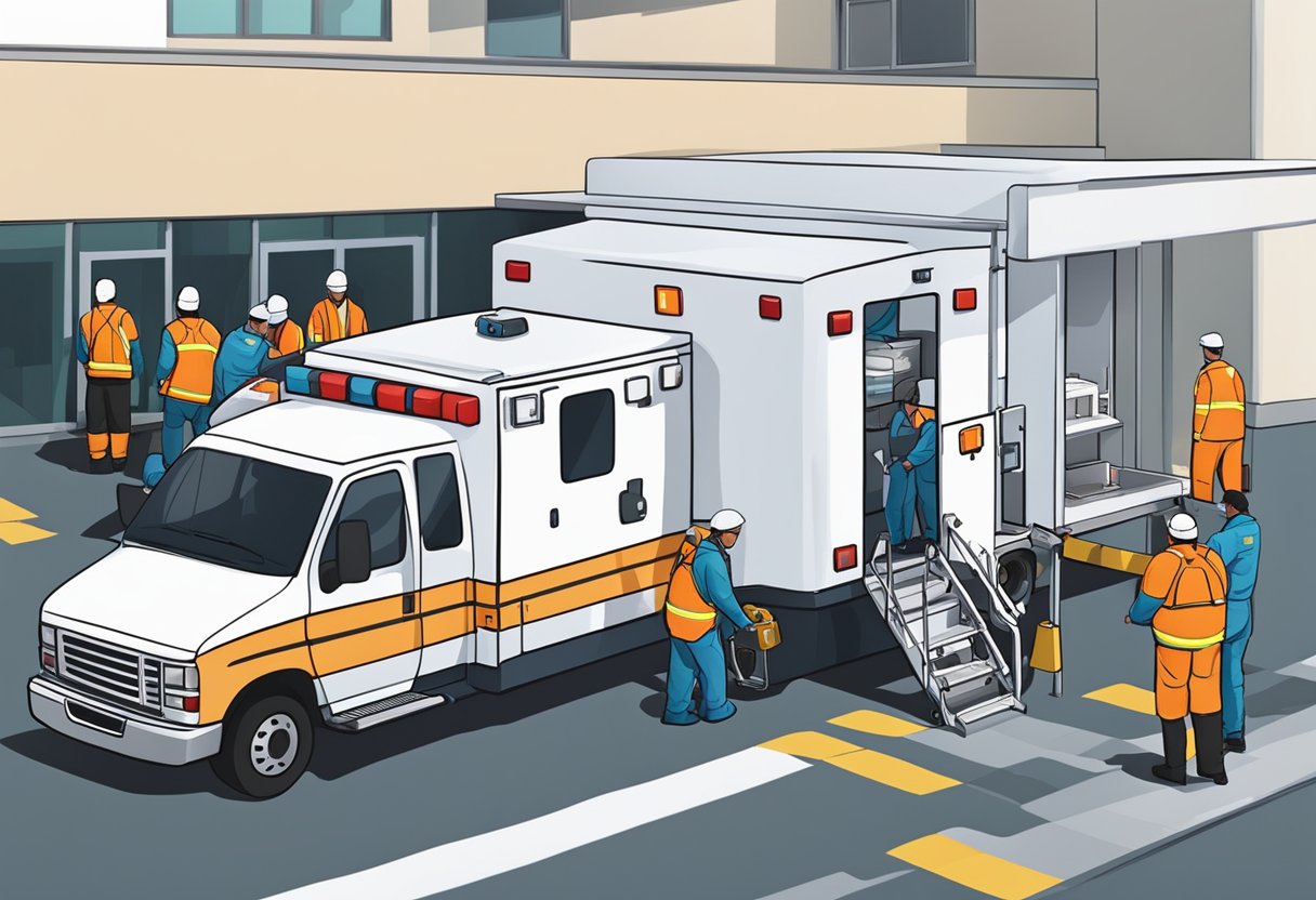 Uma ambulância estacionada do lado de fora de um hospital, com equipamentos médicos sendo carregados nela por trabalhadores.