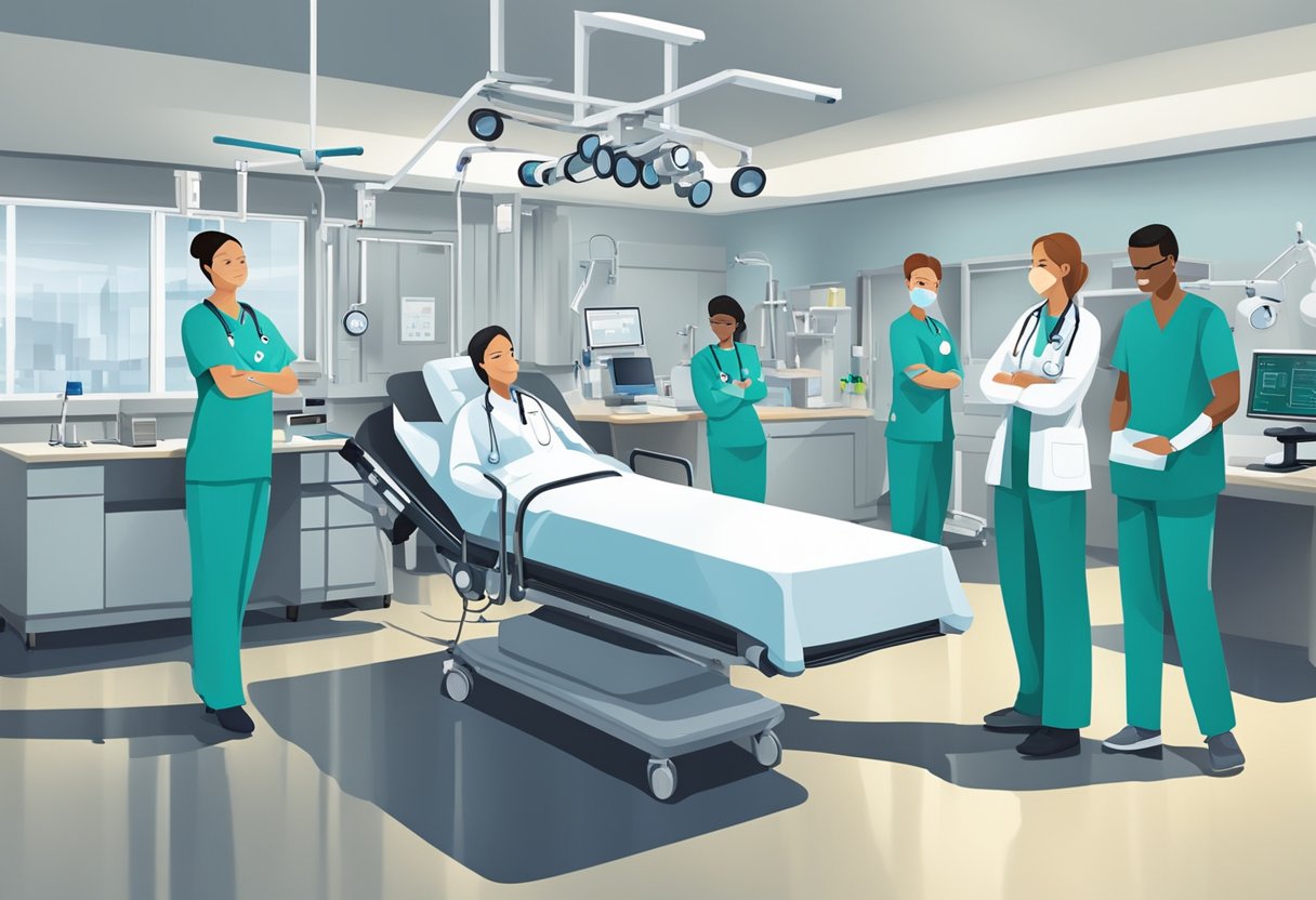 Uma equipe de profissionais de saúde e equipamentos em um ambiente hospitalar