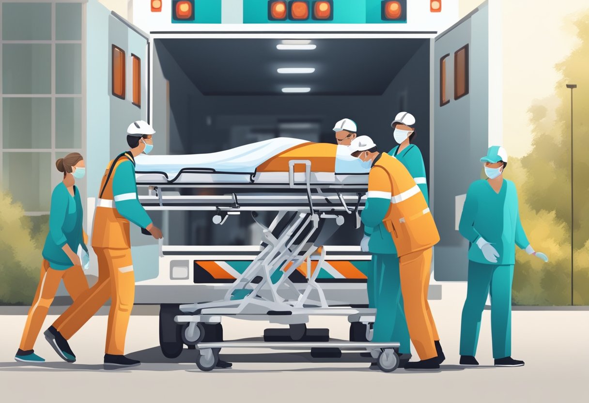 Uma equipe médica transporta um paciente em uma maca de um hospital para uma ambulância, garantindo manuseio cuidadoso e monitoramento durante todo o processo.