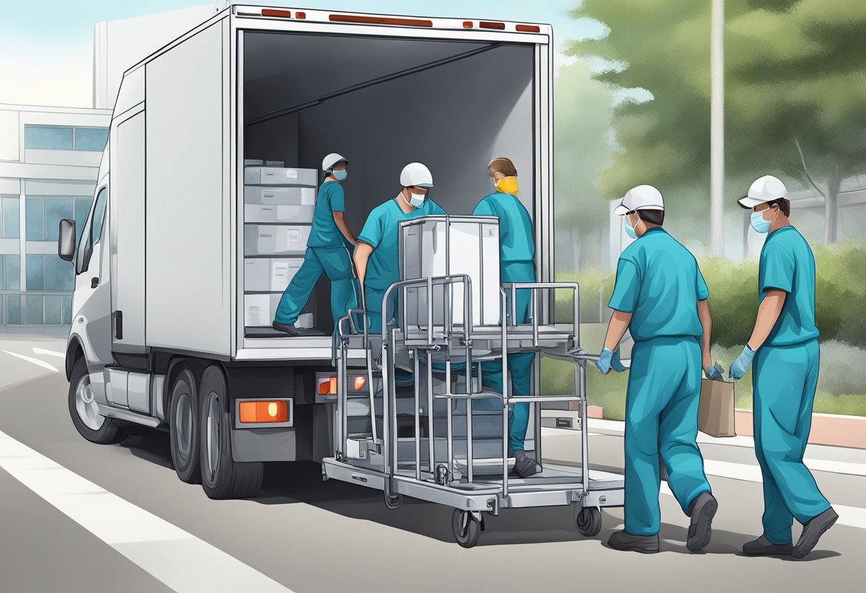 Uma equipe de trabalhadores transportando cuidadosamente equipamentos médicos de um hospital para um caminhão de remoção especializado.