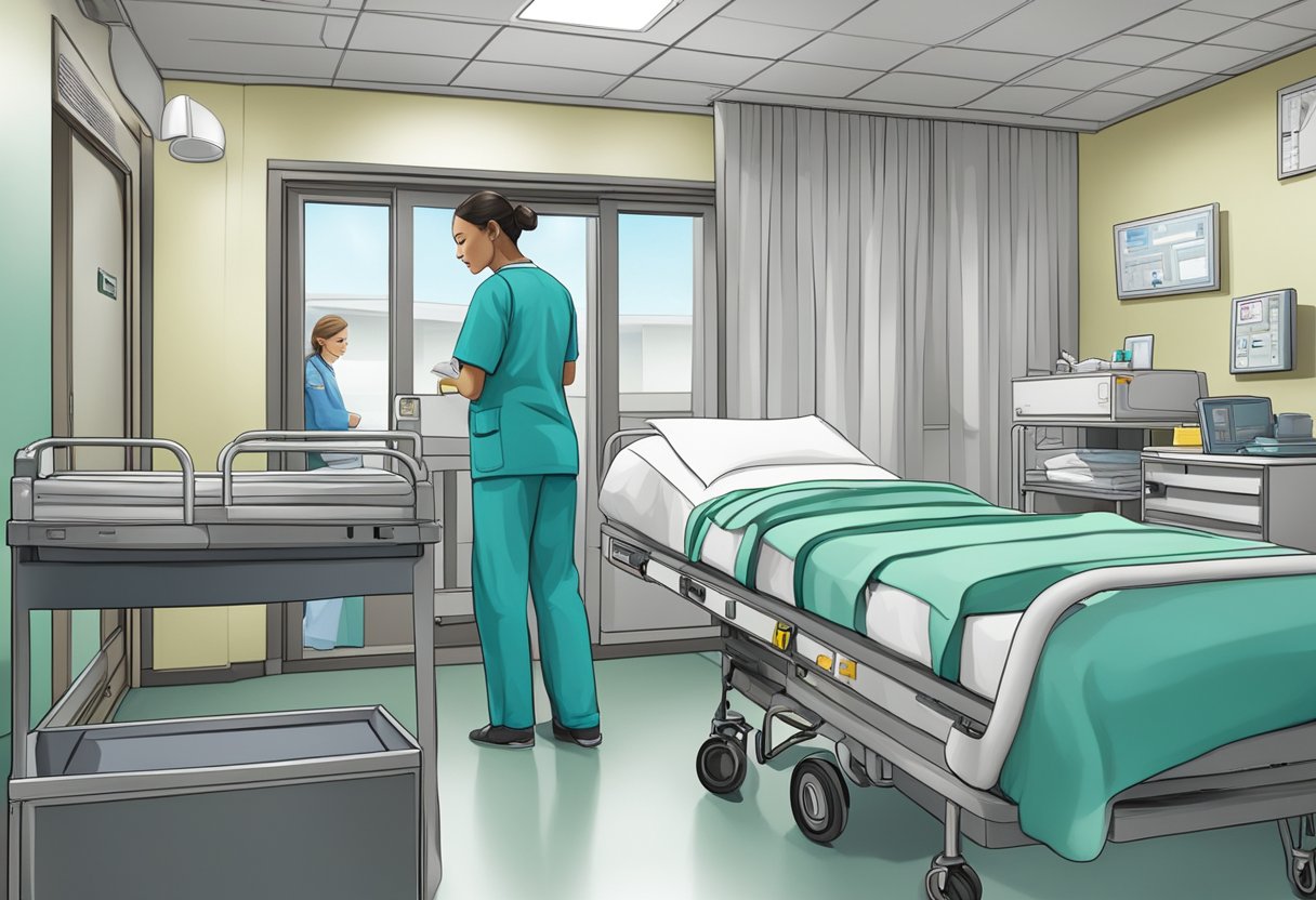 Um quarto de hospital com os pertences de um paciente empacotados, uma enfermeira revisando documentos e um veículo de transporte médico esperando do lado de fora.