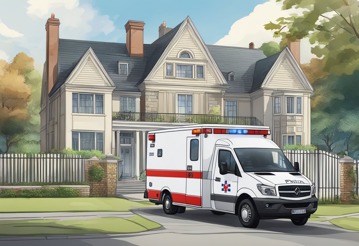 Uma ambulância particular estacionada do lado de fora de uma residência com portão, com um paramédico ao lado.