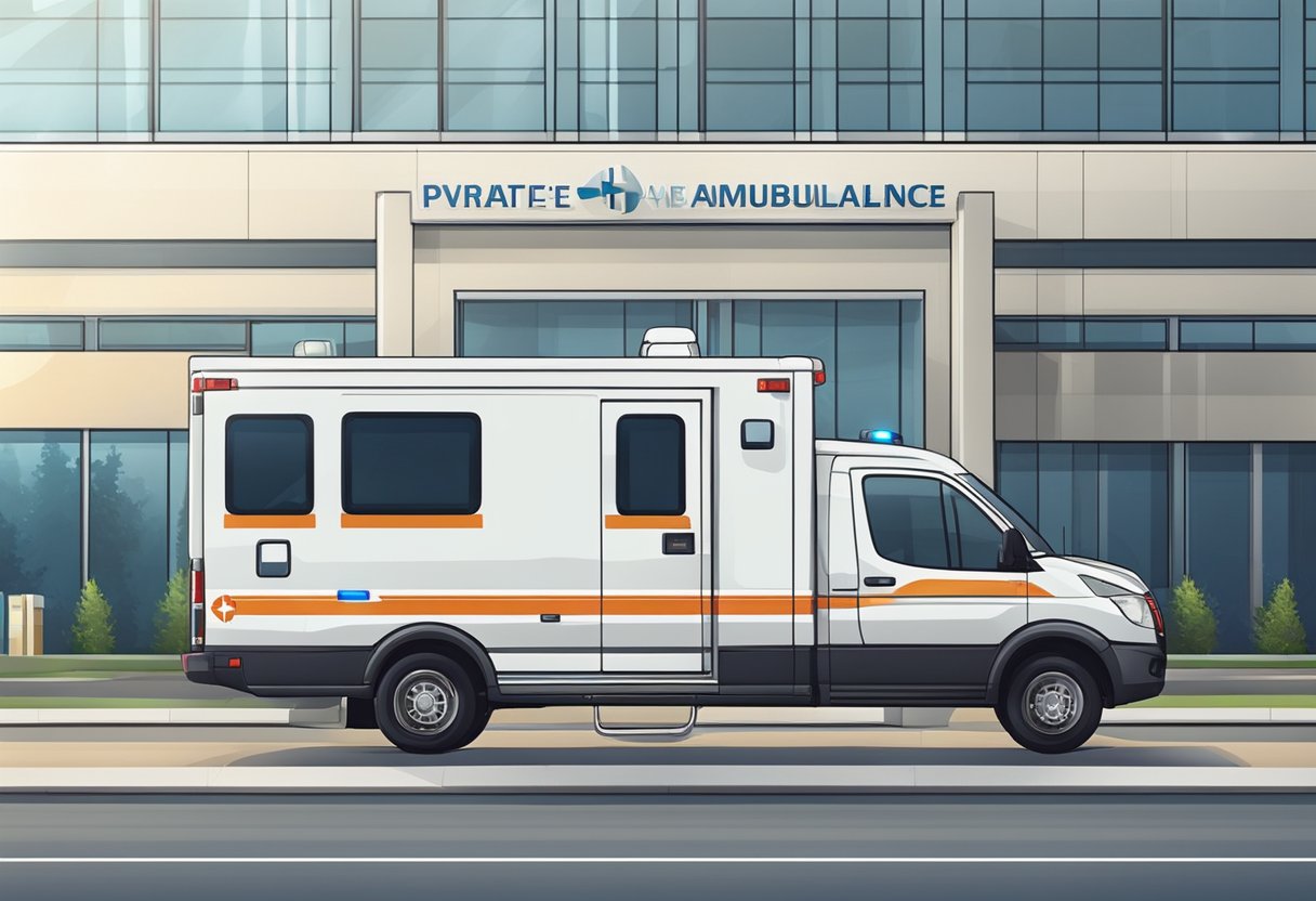 Uma ambulância particular estacionada do lado de fora de um hospital, com suas luzes piscando e equipamentos médicos visíveis através das janelas.