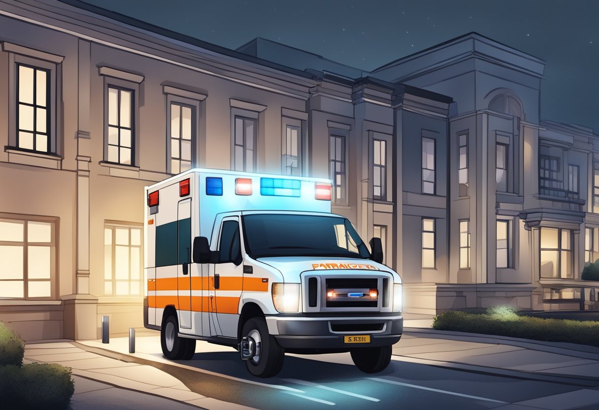 Uma ambulância particular estacionada do lado de fora de um prédio, com suas luzes piscando e os paramédicos carregando uma maca em direção à entrada.