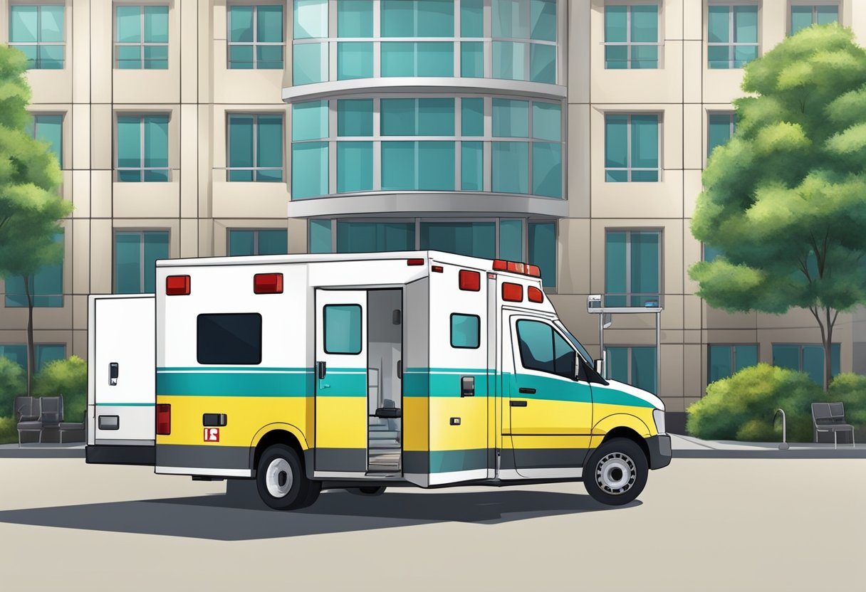 Uma ambulância particular estacionada do lado de fora de um hospital, cercada por equipamentos médicos e funcionários.