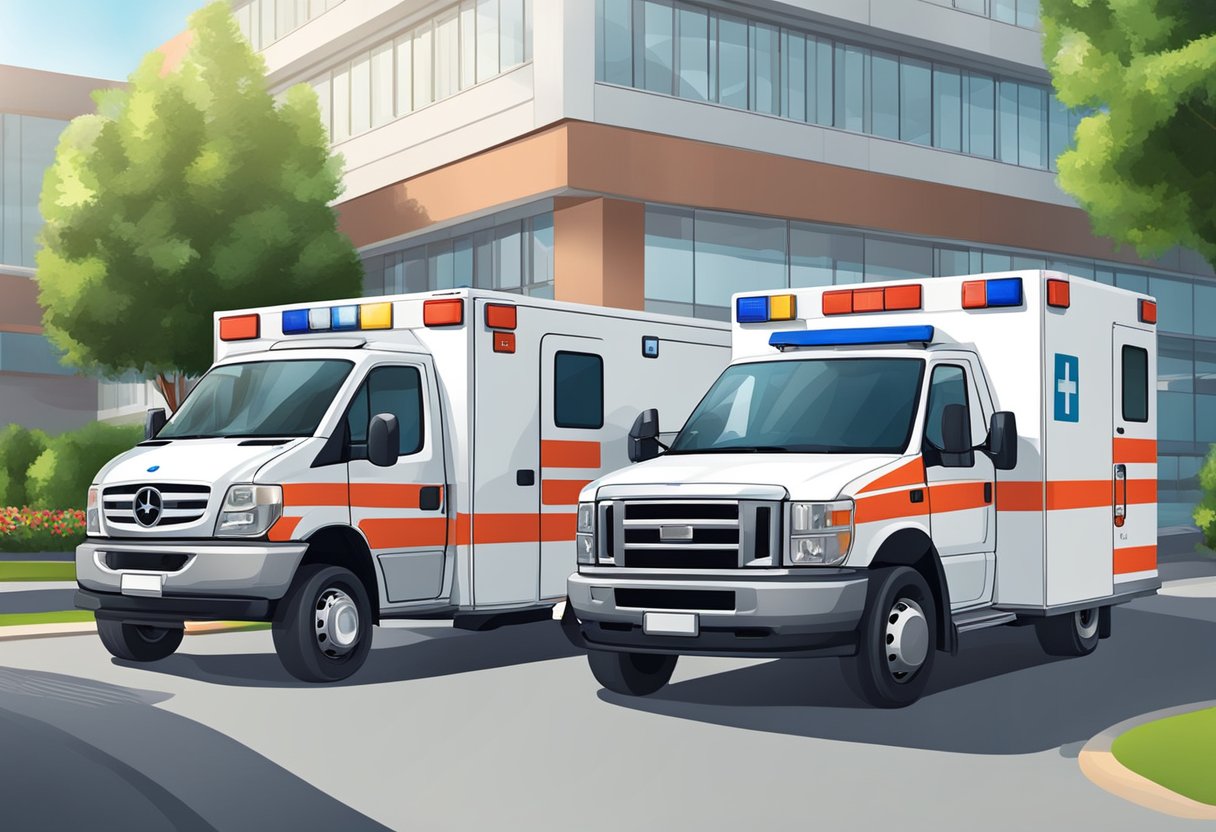 Uma ambulância particular estacionada do lado de fora de um hospital moderno, com paramédicos descarregando equipamentos médicos.