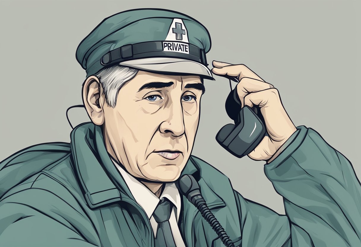 Uma pessoa ligando para um serviço de ambulância particular pelo telefone, com um semblante de urgência e preocupação.