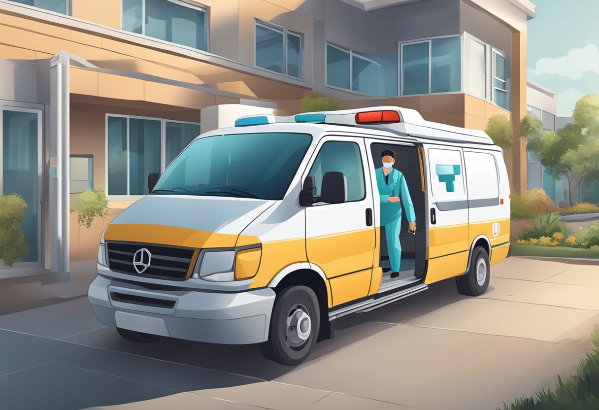 Uma van de transporte médico espera do lado de fora de uma clínica, com um paciente sendo assistido por um profissional de saúde.
