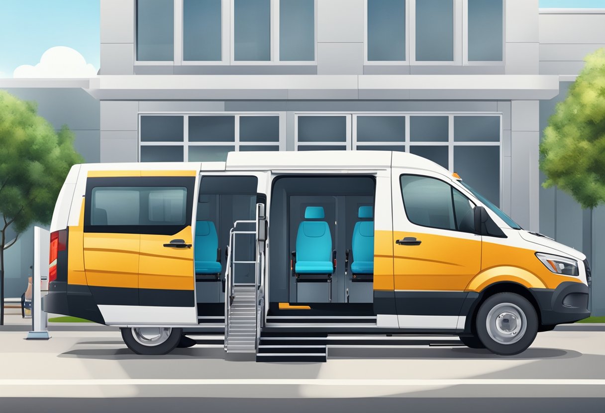 Uma van de transporte médico estacionada do lado de fora de uma clínica, com uma plataforma elevatória para cadeirantes e equipamentos médicos visíveis através das portas abertas.