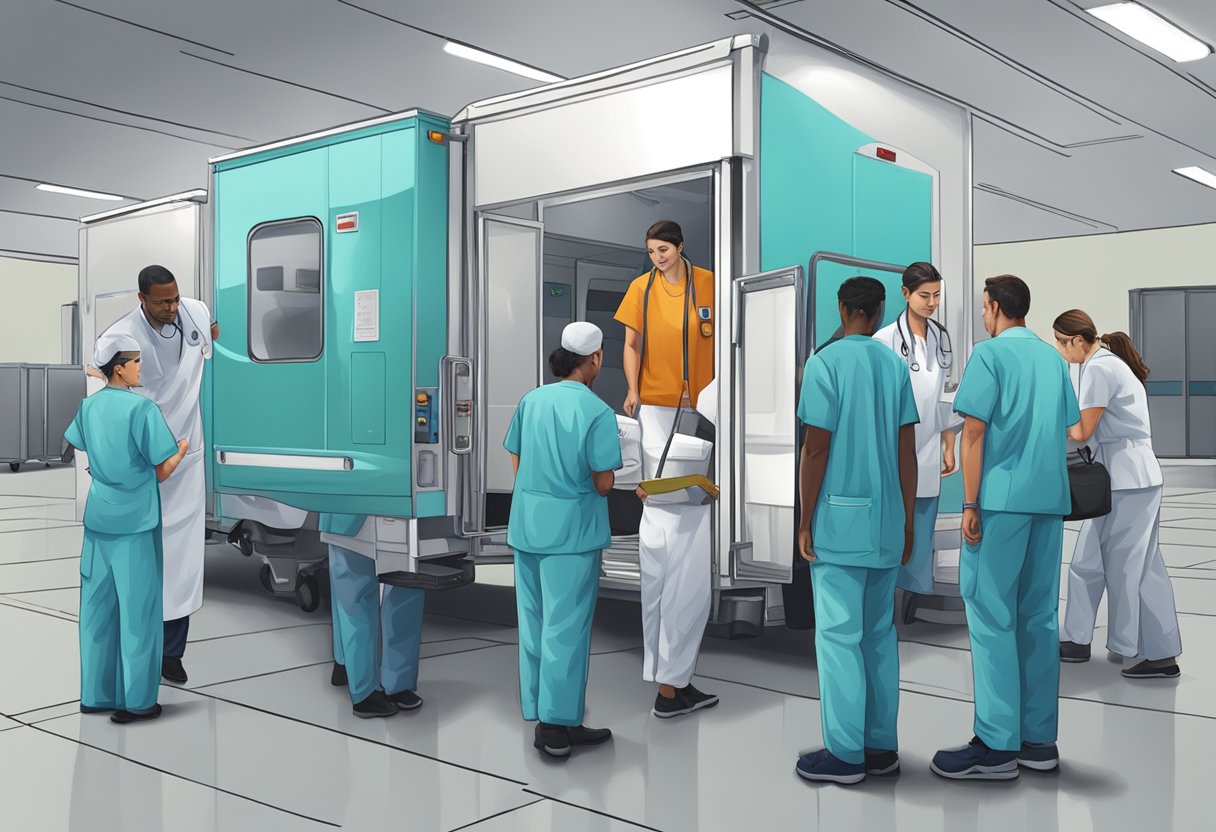 Uma equipe de profissionais de saúde treinando e se preparando para transportar pacientes para consultas.